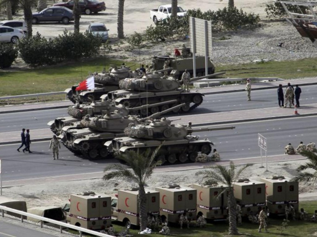Saudi Arabia sent UK-supplied armoured vehicles to Bahrain to safeguard infrastructure (AFP/Getty) AFP/Getty