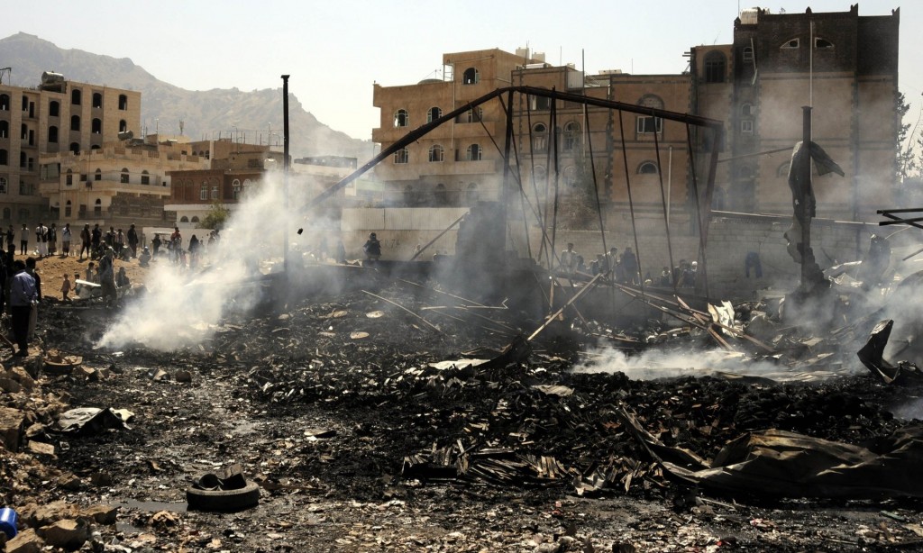 A destroyed building is seen as Saudi-led coalition forces conduct airstrikes Sana’a. Photograph: Anadolu Agency