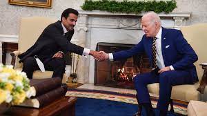 US President Joe Biden and Sheikh Tamim Bin Hamad Al-Thani, emir of the State of Qatar, meet in the Oval Office of the White House on January 31, 2022 in Washington, DC