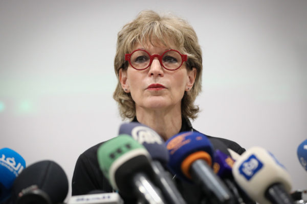 Secretary General of Amnesty International, Agnes Callamard, holds a press conference in East Jerusalem on 1 February 2022.