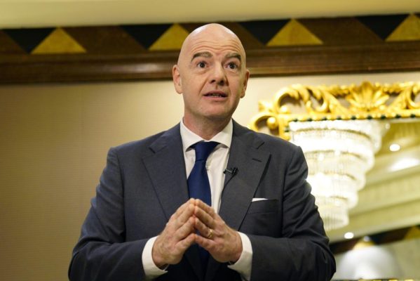 FIFA President Gianni Infantino speaks during an interview conducted with The Associated Press in Doha, Qatar, March 29, 2022. Infantino said migrant workers gain pride from hard work when he was questioned on Monday, May 2, 2022, about workers suffering in Qatar while building World Cup infrastructure