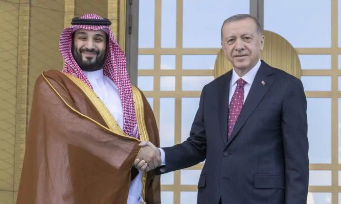 The Saudi Arabian crown prince, Mohammed bin Salman, with Turkey’s president, Recep Tayyip Erdoğan, in Ankara