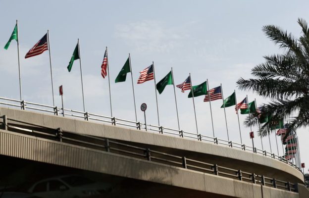 USA and Saudi Arabia flags on Mecca Road, Riyadh, May 19 2017