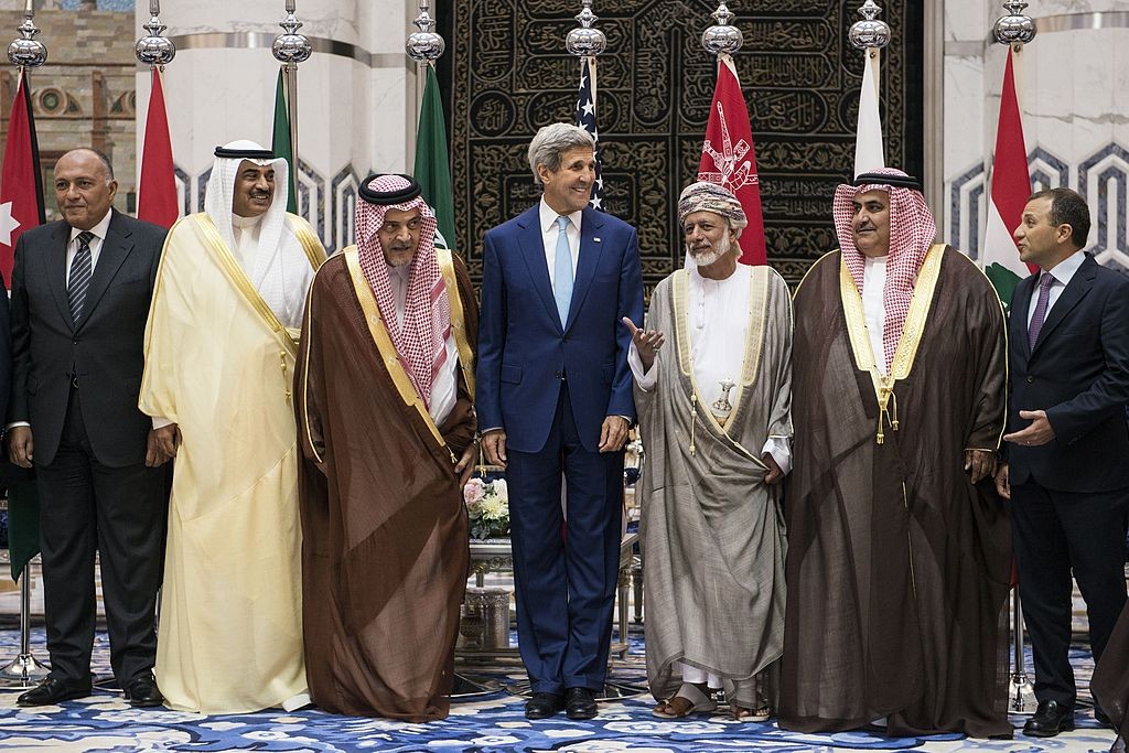 Top photo: John Kerry, center, standing next to Prince Saud al-Faisal, on his left, the late Saudi foreign minister, at a 2014 meeting of gulf state leaders